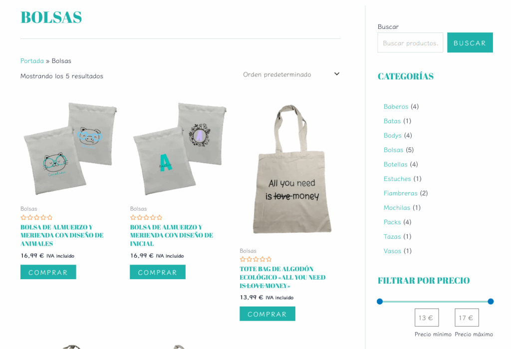 Página de una categoría de productos de "El Mandaíllo"